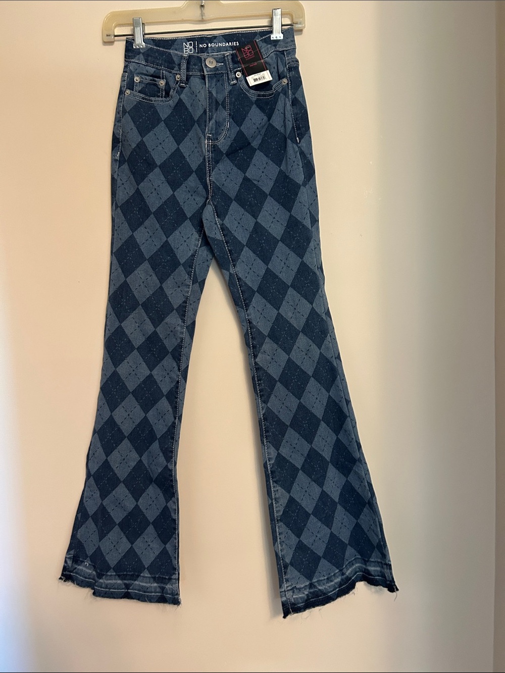 No Boundaries Dark and Light Blue Argyle Flare Jeans style tag attached size 1